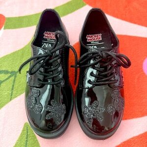 Zara Black Patent Lace-Up Shoes with Black Glitter Mickey Appliques
